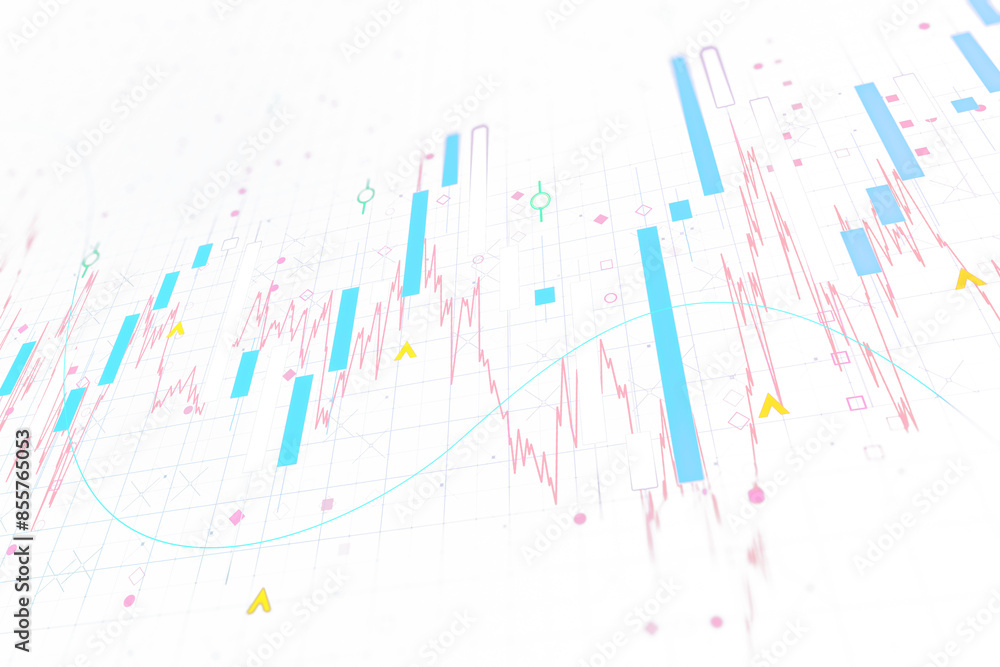 Poster abstract financial chart with upward trend line and stock numbers on a white background, represents 