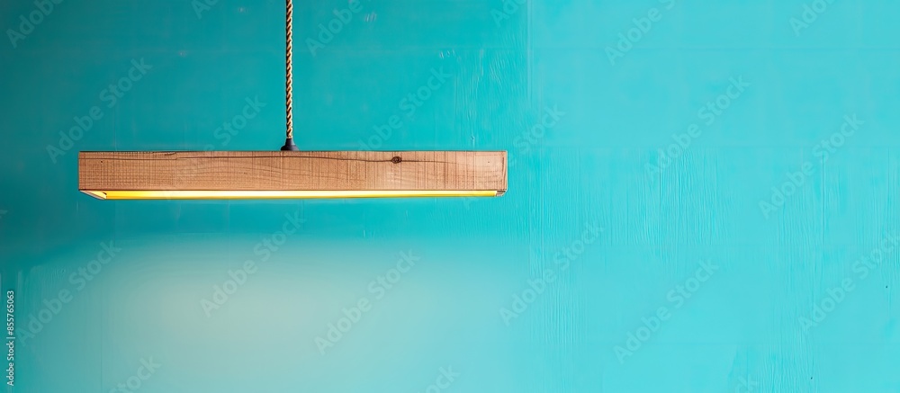 Poster Suspended ceiling light in the form of an oak board with lights pastel background. with copy space image. Place for adding text or design