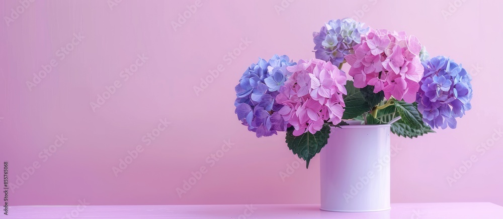 Leinwandbilder Beautiful hortensia flowers in can on stand indoors. with copy space image. Place for adding text or design