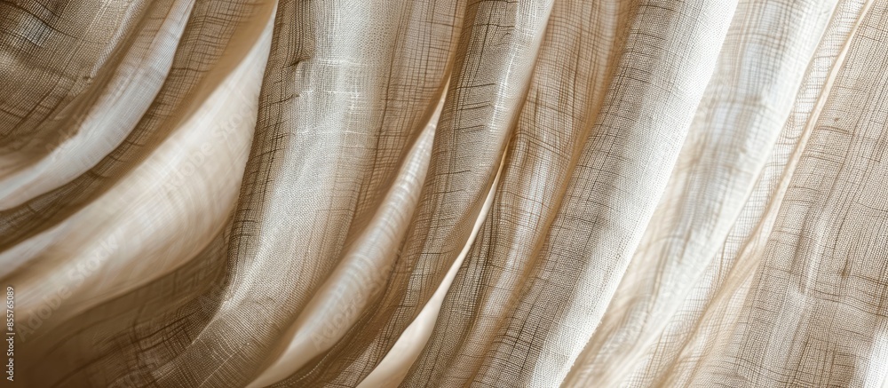 Poster Closeup view of curtain in thin and thick vertical folds made of dense fabric.Textured materials and textiles abstract backgrounds. with copy space image. Place for adding text or design