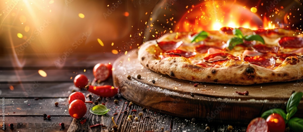 Poster italian pizza with salami and fire flames in wood burning oven. with copy space image. place for add