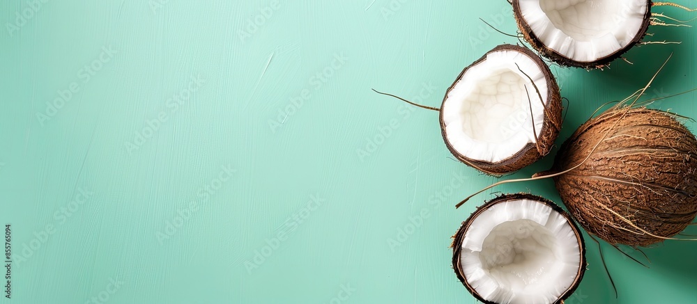 Poster coconut on a pastel background coconut isolated green. with copy space image. place for adding text 