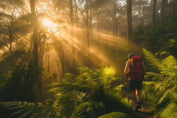 Enthusiast hiker bathed in golden sunlight meanders through the verdant trails National Park