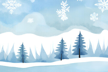 Fototapeta premium Winter Wonderland, Snowy Landscape with Falling Snowflakes, Watercolor Forest Scene