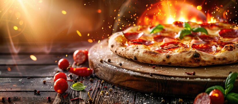 italian pizza with salami and fire flames in wood burning oven. with copy space image. Place for adding text or design