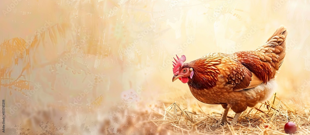 Poster Hen eat dry grass in spring time pastel background  Food. with copy space image. Place for adding text or design