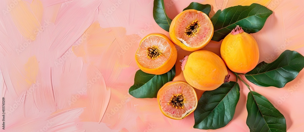 Aufkleber Loquat fruit cut halfandhalf with a stone and whole with leaves isolated on a pastel background. with copy space image. Place for adding text or design