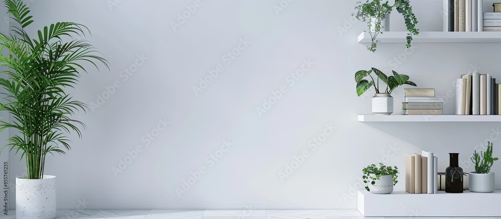 Poster modern shelf unit with books and houseplants near white wall in room. with copy space image. place f