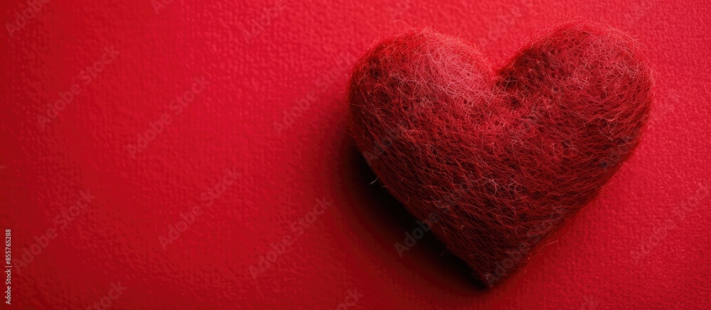Poster Felt Background for design to Valentine's Day. Decorative heart from red felt. View from above. Valentines Day concept. with copy space image. Place for adding text or design