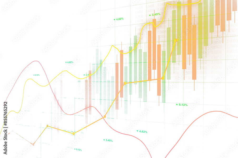 Poster A complex financial chart with overlaid graphs and percentage values, presented in a digital and translucent style against a light background, illustrating data analysis concepts