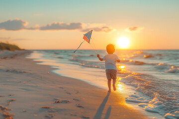 Obraz premium A boy runs along a sunny beach with a kite