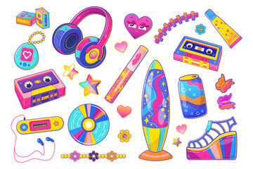 Y2k aesthetic set. Vector collection of retro 90s 2000s pop culture items including cassette tapes, lava lamps, headphones, etc, perfect for nostalgic designs.