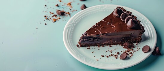 dark chocolate cake on pastel background Chocolate  Pie. with copy space image. Place for adding text or design