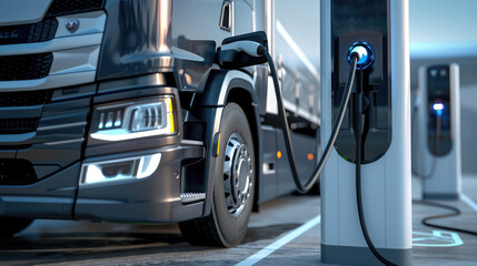 modern electric truck charging at a gas station close-up