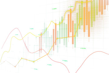 A complex financial chart with overlaid graphs and percentage values, presented in a digital and translucent style against a light background, illustrating data analysis concepts