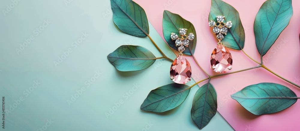 Poster Gold earrings with stones for women on a pastel background. with copy space image. Place for adding text or design