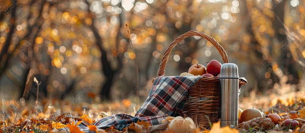 Poster wicker picnic basket with thermos, snacks and plaid in nature on autumn day. with copy space image. 