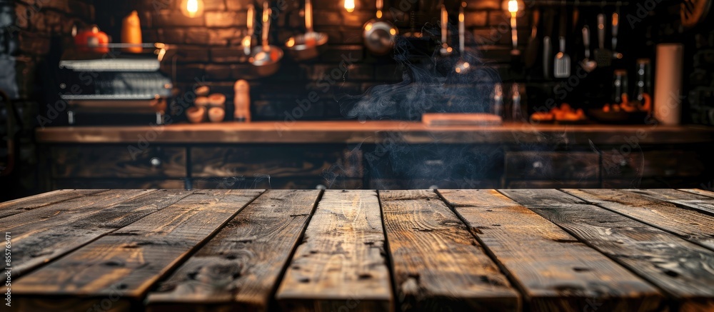 Poster Wooden old table of free space and grill time. with copy space image. Place for adding text or design