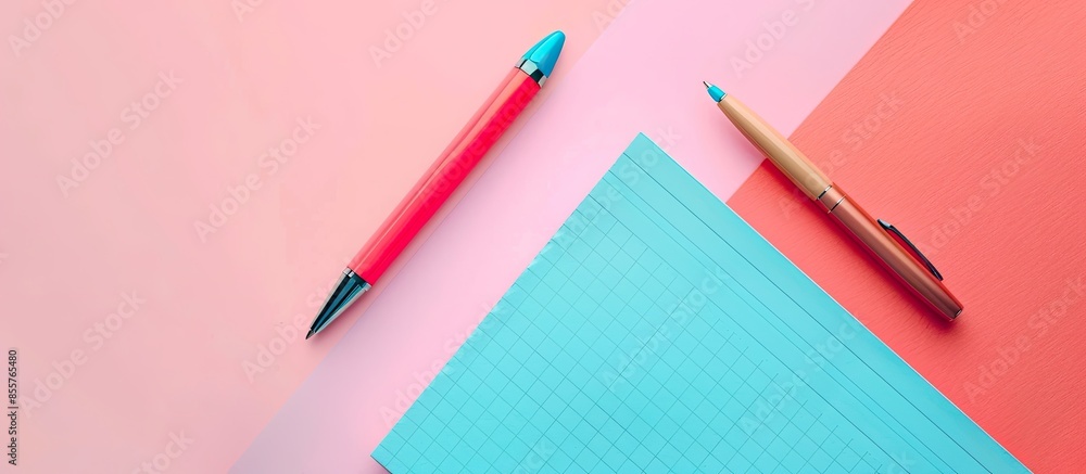 Aufkleber Top view mockup template with a Parker pen and notebook laying on pastel background. with copy space image. Place for adding text or design