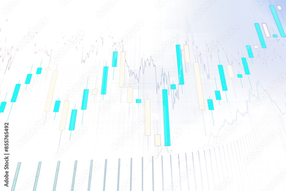 Poster Abstract financial chart with candlestick and line graphs on a light background, representing market analytics