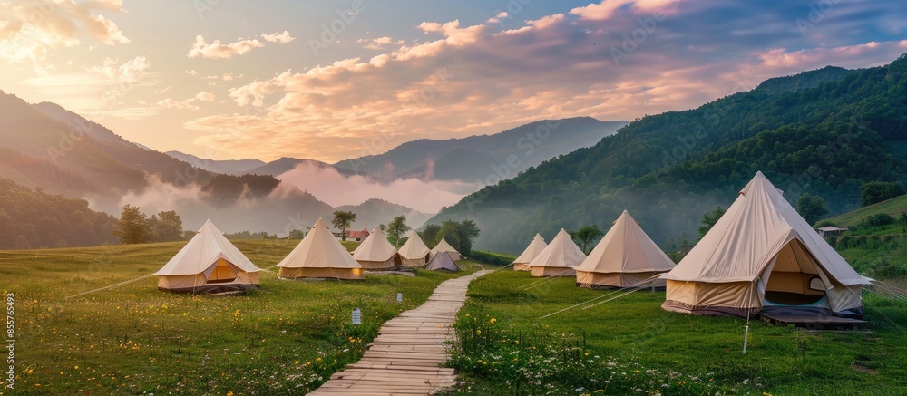 Poster Beautiful view of canvas glamping bell tents in a green field with walkway at mountains in beautiful sky with cloud before sunrise. Copy space image. Place for adding text or design
