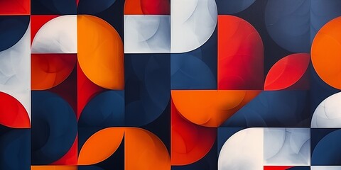 Fototapeta premium A striking piece of abstract art featuring a vibrant geometric pattern. The artwork is composed of bold shapes in rich hues of red, orange, navy blue, and white.