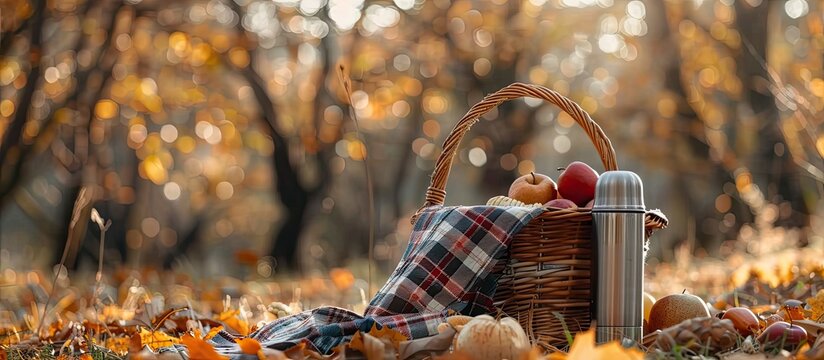 Wicker picnic basket with thermos, snacks and plaid in nature on autumn day. with copy space image. Place for adding text or design