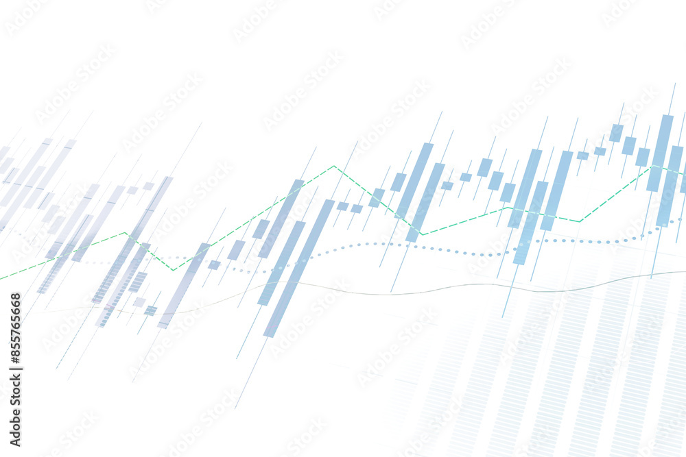 Poster Abstract financial chart with uptrend line graph and bar chart elements on a light blue and white background, concept of stock market analysis