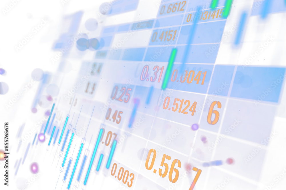 Poster abstract financial data concept, numbers, and graphs on a soft blue and orange background, blurred d