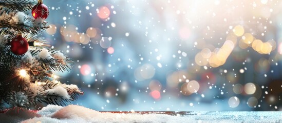 blurred christmas tree, snow, christmas, background. Copy space image. Place for adding text or design