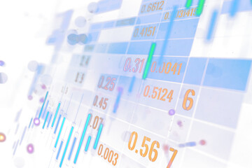 Abstract financial data concept, numbers, and graphs on a soft blue and orange background, blurred design