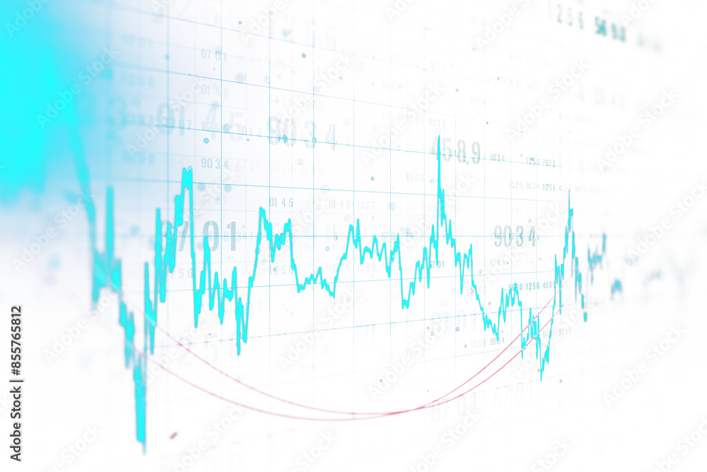 Poster an abstract financial chart overlay with rising and falling lines on a blurred white background, ill