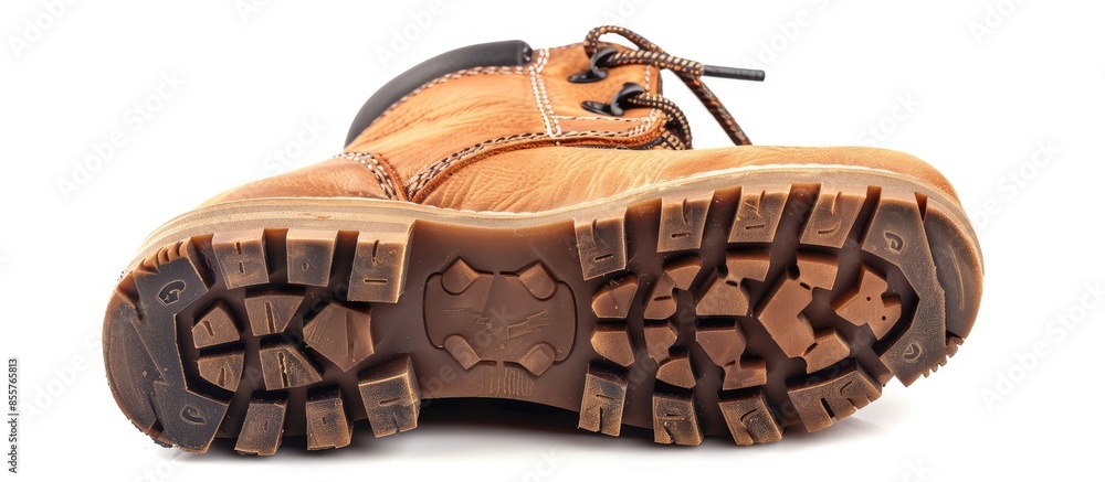 Poster Bottom view of sports leather boot isolated on white background. Shoe sole with clipping path. Full Depth of Field. with copy space image. Place for adding text or design