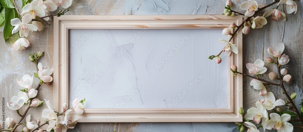 Poster empty photo frame and beautiful flowers on wooden table, flat lay. space for design. with copy space