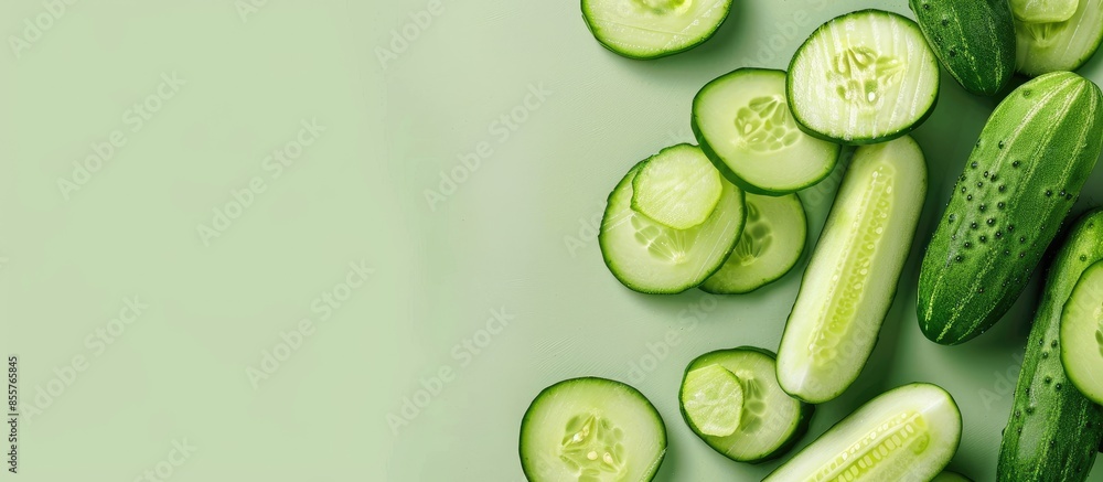 Poster Cucumbers Isolated on pastel background Isolated  Food. with copy space image. Place for adding text or design