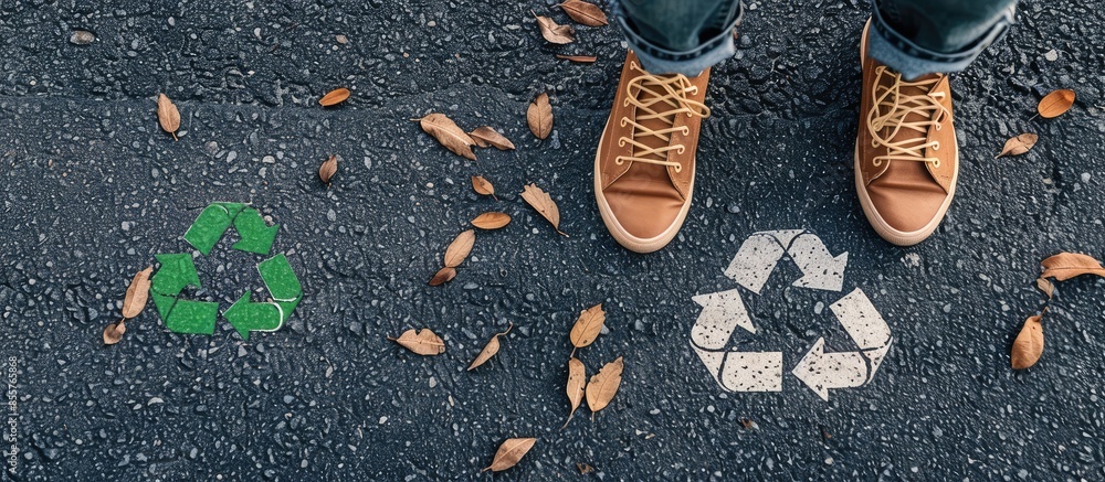 Poster legs in shoes is standing next to recycle sign on road asphalt. Copy space image. Place for adding text or design