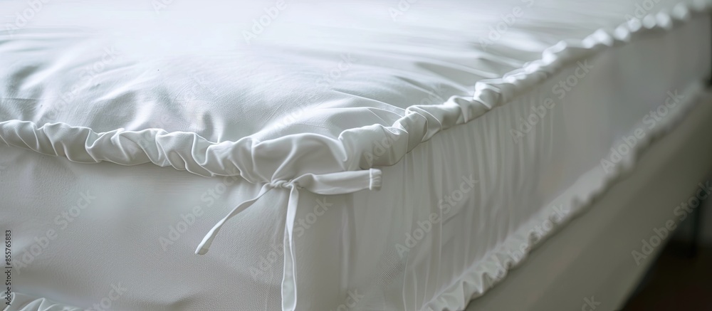 Poster Bed corner with white fitted sheet. White sheet with elastic band. Bed cover close up photo. with copy space image. Place for adding text or design
