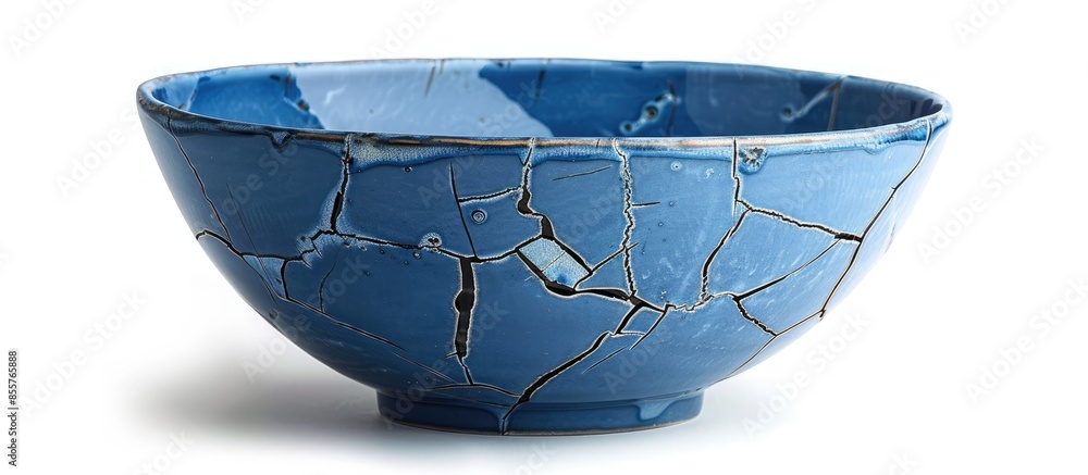 Poster Ceramic bowl with cracked pattern, Blue bowl isolated on white background with clipping path, Side view. with copy space image. Place for adding text or design