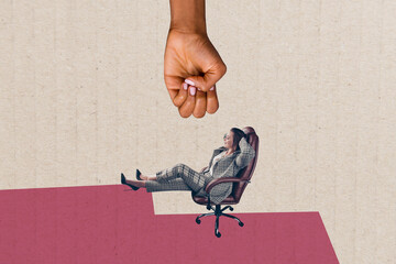 Creative collage picture young businesswoman sit relax armchair office worker discrimination punch fist fight strike force tyrant