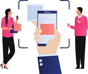 Boy and girl are scanning QR code on mobile.