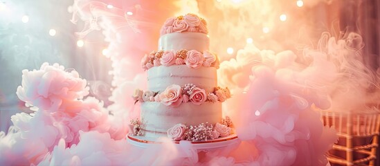 Delicious Wedding Cake at the party. Smoke and fire effects pastel background. with copy space image. Place for adding text or design