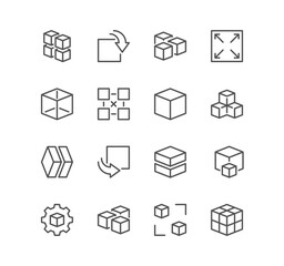 Set of cubes related icons, 360 degrees, virtual reality, full rotation, 3d modeling and linear variety vectors.
