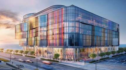 Modern glass building with a geometric design, reflecting the vibrant colors of the sunset. Situated by the waterfront, the building showcases sleek architecture and a picturesque setting.	