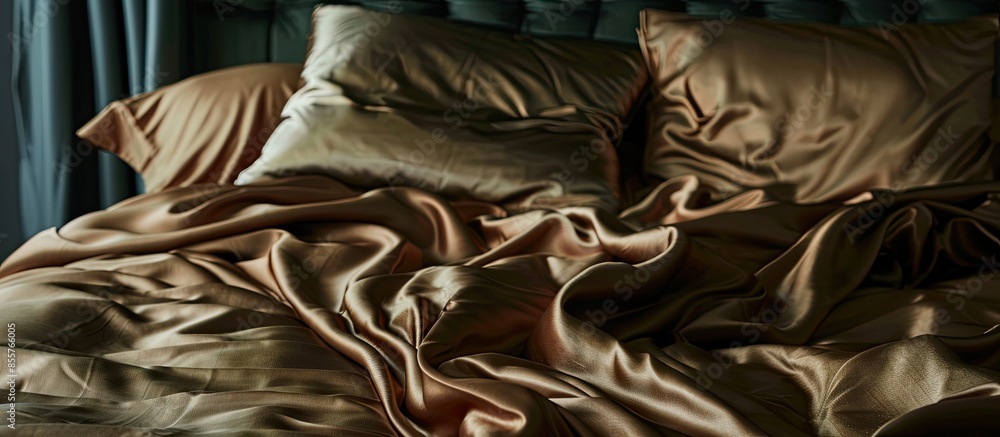 Aufkleber brown satin sheets on bed. with copy space image. place for adding text or design