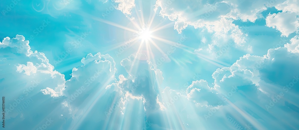 Poster heavenly blue sky with bright sunshine and light beams. with copy space image. place for adding text
