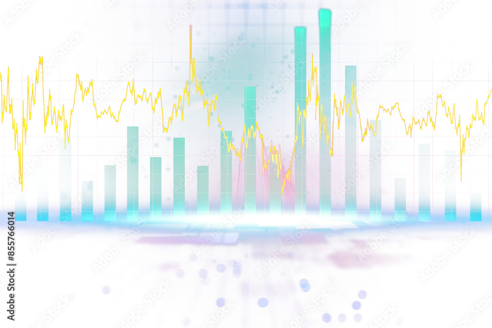 Poster Abstract financial chart with lines and bars on a soft colored, glowing background depicting data analysis or stock market trends