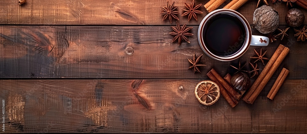 Poster Mulled wine and spices on wooden background. with copy space image. Place for adding text or design