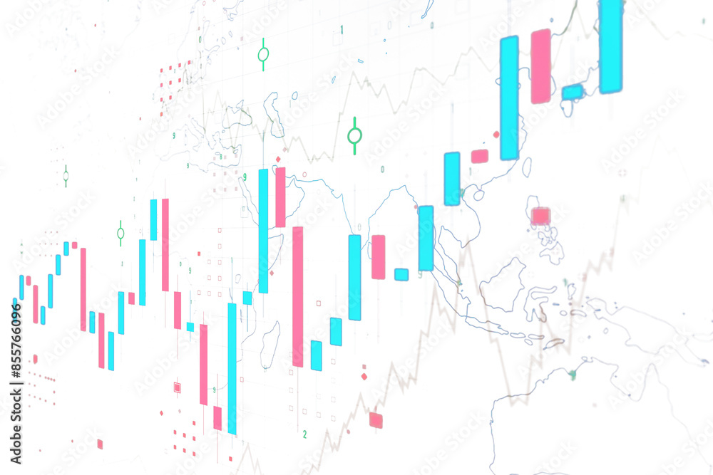 Poster Abstract financial data graph on a map with various chart elements, on a white background, concept of global market analysis