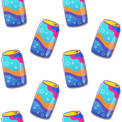 Y2k seamless vector pattern featuring colorful soda cans, perfect for retro-themed designs, decor, and nostalgic backgrounds. 90s and 2000s aesthetic