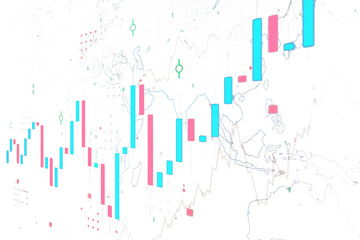 Obraz premium Abstract financial data graph on a map with various chart elements, on a white background, concept of global market analysis